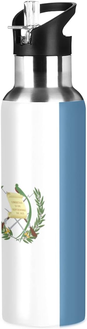 Guatemala Flag Sports Water Bottle, Double Wall Vacuum Insulated Stainless Steel Water Bottle with Straw Keeps Hot and Cold, Bike Running Sports Travel Gym 20oz