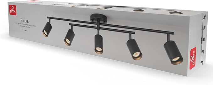 Globe Electric 64000052 5-Light Track Lighting, Center Swivel Bar, Matte Black, Ceiling Light, Track Light Heads, Pivot Shades, Track Ceiling Light, Track Lighting Kit, 5 Bulb Kitchen Light