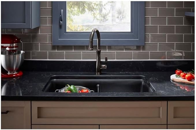 KOHLER K-8199-CM6 Cairn Sink, 33" Neoroc Composite Undermount Double-Bowl Kitchen Sink, Composite Kitchen Sink with Sink Rack, Matte White