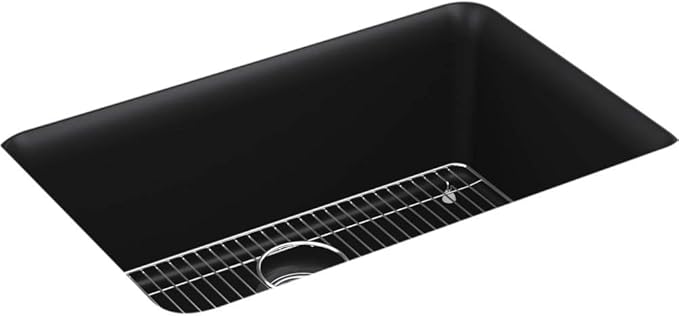 KOHLER K-28000-CM1 Cairn 27-1/2" Undermount Single-Bowl Kitchen Sink, Neoroc Composite Kitchen Sink with Sink Rack, Matte Black