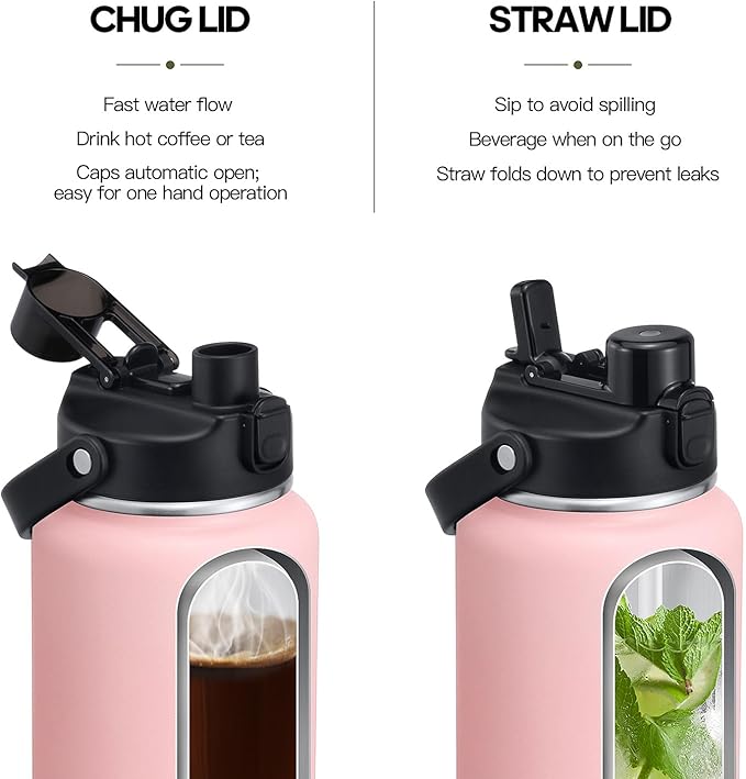 Half Gallon Insulated Water Bottle with 2-in-1 Lid (Chug Lid/Straw Lid), 40/64oz Double Walled Vacuum Stainless Steel Water Bottles, Water Jug with Straw