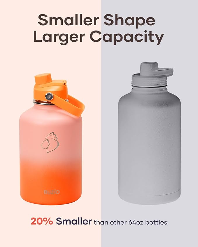Half Gallon Water Bottle, BUZIO 64 oz Insulated Stainless Steel Water Bottles with Straw Lid Leak Proof water jug, Keep Cold 48H Lead-Free Double Wall Vacuum Metal Mug for Sport Camping Beach, Orange