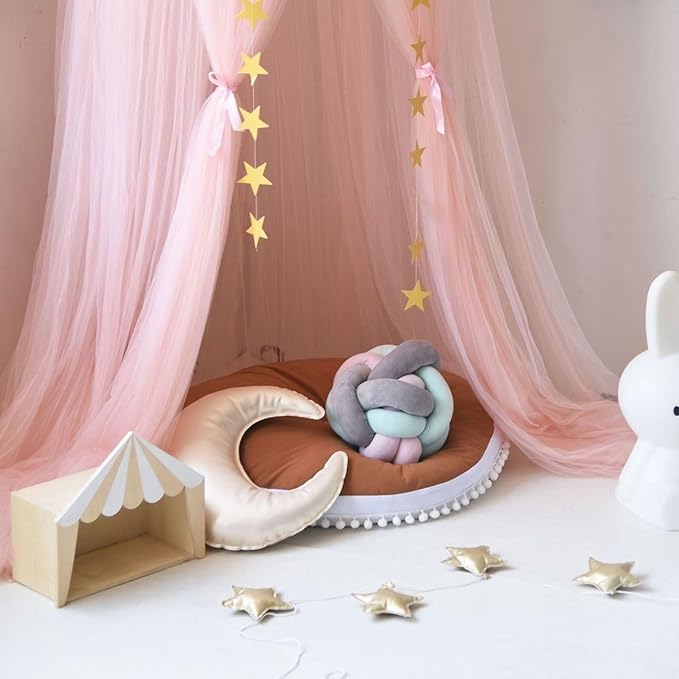 Bed Canopy Mosquito Net with Star Lights,Princess Play Canopy for Girls Room - Dome Net Curtains for Baby Game Dream Castle, Girls Room Decor, Pink