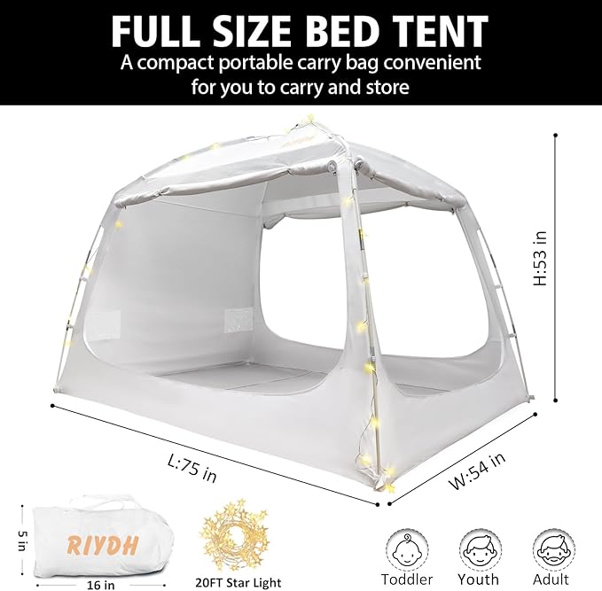 Bed Tent Bed Canopy Full Size for Adult and Kids - Portable Sleeping Tents Indoor Dream Tents 70% Blackout with String Light 3 Doors Breathable Privacy Space Tents
