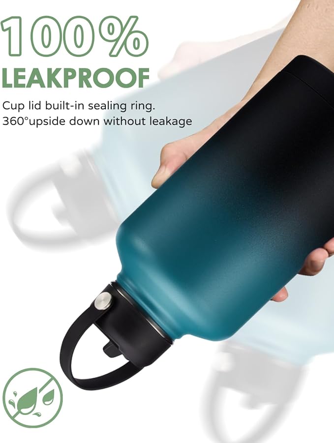 Half-gallon Insulated Water Bottle 64 oz - with Straw & Auto Spout Lid, Strap Carrier Pouch, Paracord Handle, Metal 1/2 Gallon Water Bottles Thermal Flask, Wide Mouth Hydro Jug for Hiking Camping