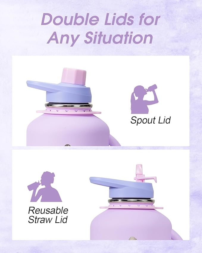 Half Gallon Water Bottle with Straw, Coolflask 64 oz Insulated Stainless Steel Water Jug With Handle Metal Double-Walled Vacuum Large Flask With Strap Leakproof, Keep Cold 48 Hrs Hot 24hrs, Lavender