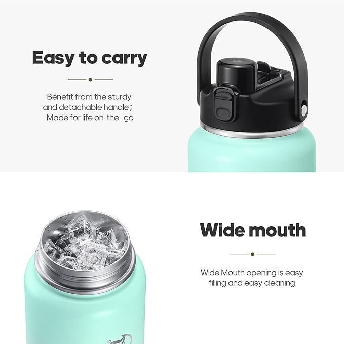 Half Gallon Insulated Water Bottle with 2-in-1 Lid (Chug Lid/Straw Lid), 40/64oz Double Walled Vacuum Stainless Steel Water Bottles, Water Jug with Straw