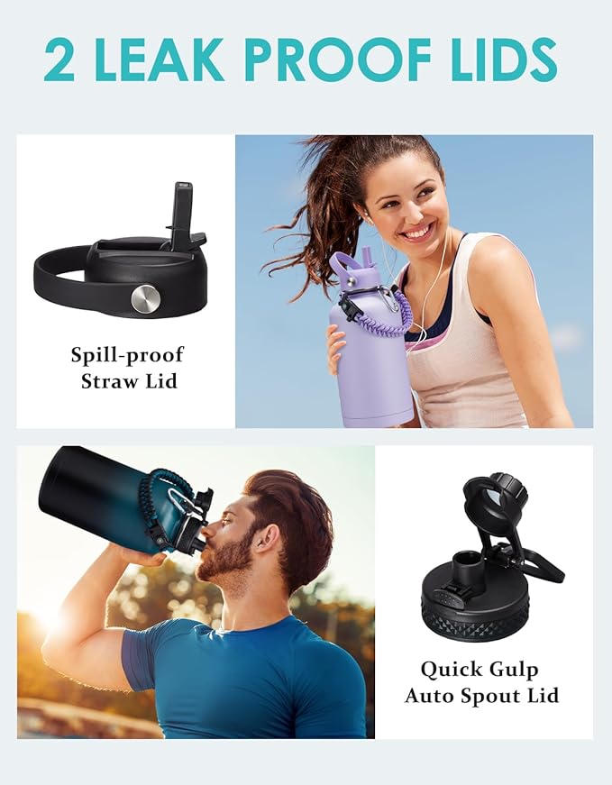 Half Gallon Water Bottle with Straw - Spout Lid, 64oz Insulated Water Jug Carrying Sleeve with Strap, Paracord Handle, Silicone Boot, Stainless Steel Metal Coldest Canteen for Women, Lilac Purple