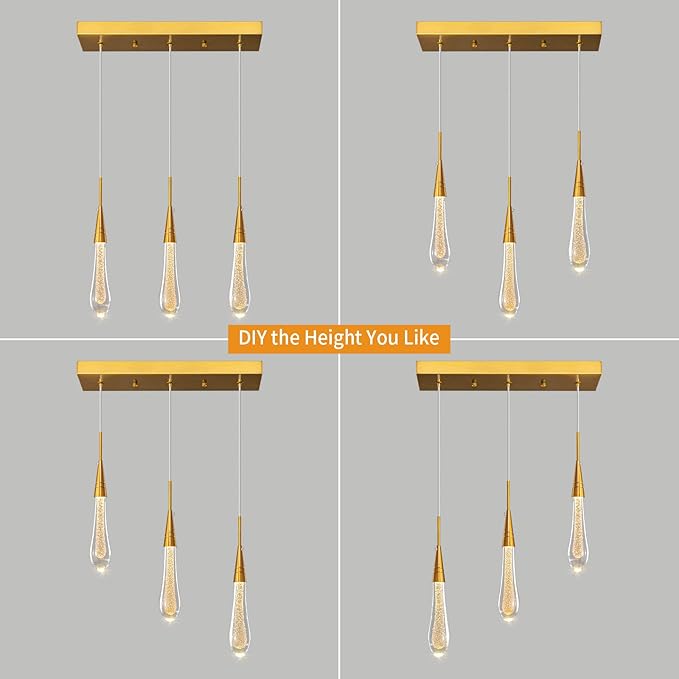 LMQNINE 3 Light Gold Pendant Light Ceiling Dimmable LED Modern Kitchen Light Fixtures Mini Teardrop Crystal Pendant Light for Kitchen Island Bedroom Hallway Entryway