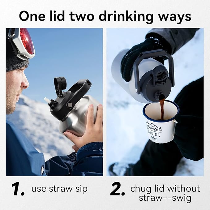 Half Gallon Water Bottle Insulated, 64oz Stainless Steel Half Gallon Water Jug with Straw, Spout,Handle and Carry Sleeve, Wide Mouth,Leak Proof, Keeps Drinks Hot and Cold, Metal Canteen Flask