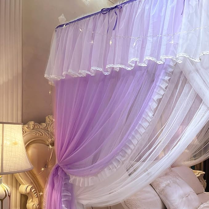 Mengersi Canopy Bed Curtains with Lights,4 Corner Bed Canopy Royal Luxurious Bed Drapes Netting,Princess Bed Curtains for Girls Adults Bedroom Decoration (Purple, Full)