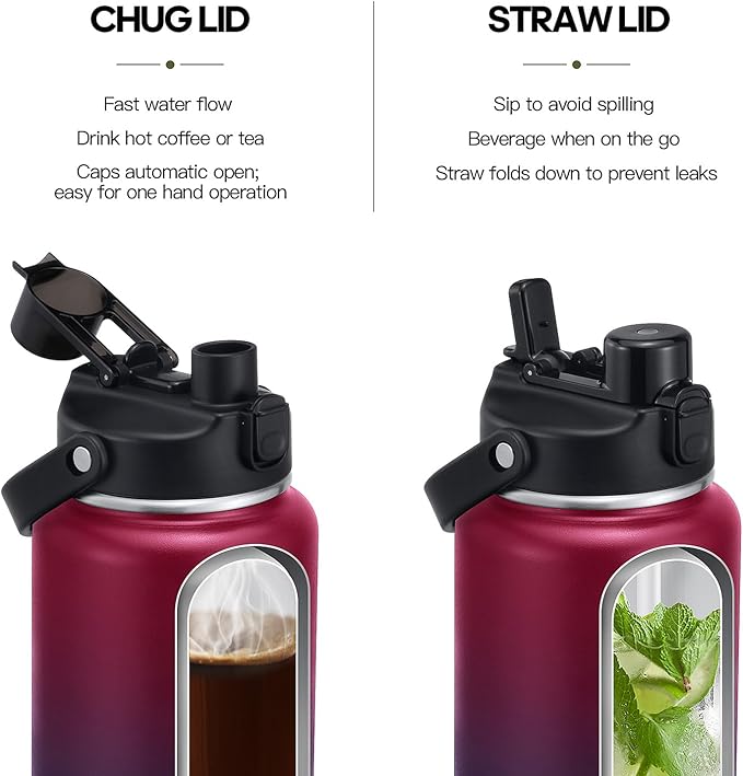 Half Gallon Insulated Water Bottle with 2-in-1 Lid (Chug Lid/Straw Lid), 40/64oz Double Walled Vacuum Stainless Steel Water Bottles, Water Jug with Straw