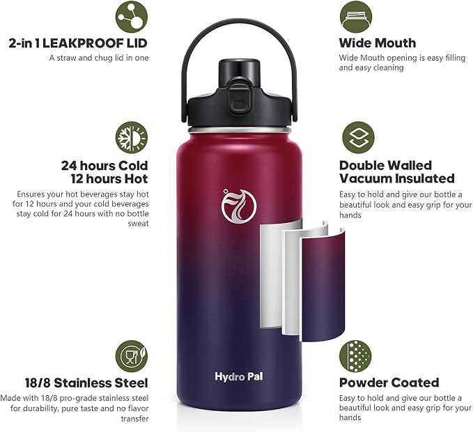 Half Gallon Insulated Water Bottle with 2-in-1 Lid (Chug Lid/Straw Lid), 40/64oz Double Walled Vacuum Stainless Steel Water Bottles, Water Jug with Straw