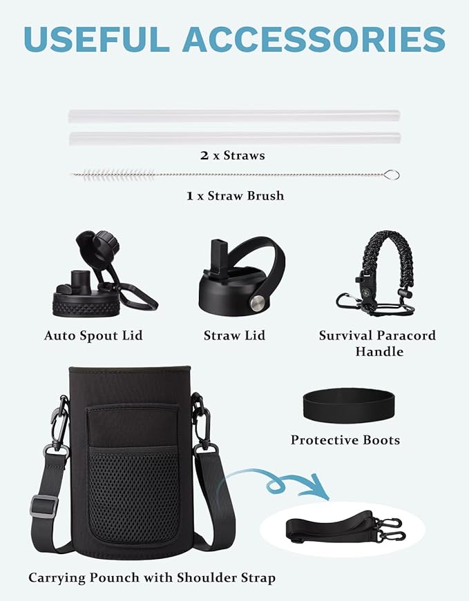 Half Gallon Water Bottle with Straw - Chug Lid, Paracord Handle, Silicone Boot, Keep Ice Cold-48H & Hot-24H, Vacuum Insulated Water Jug with Carrier Bag, 64 oz Metal Insulated Water Bottle for Man