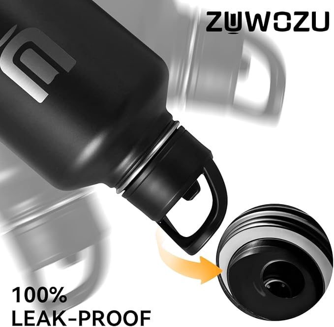 Half Gallon Water Bottle Insulated, 64oz Stainless Steel Water Bottle with Straw, Spout & Handle Lid, Half Gallon Water Jug with Carrier Bag w/Strap, Perfect for Hot&Cold Drinks (Black, 64oz)