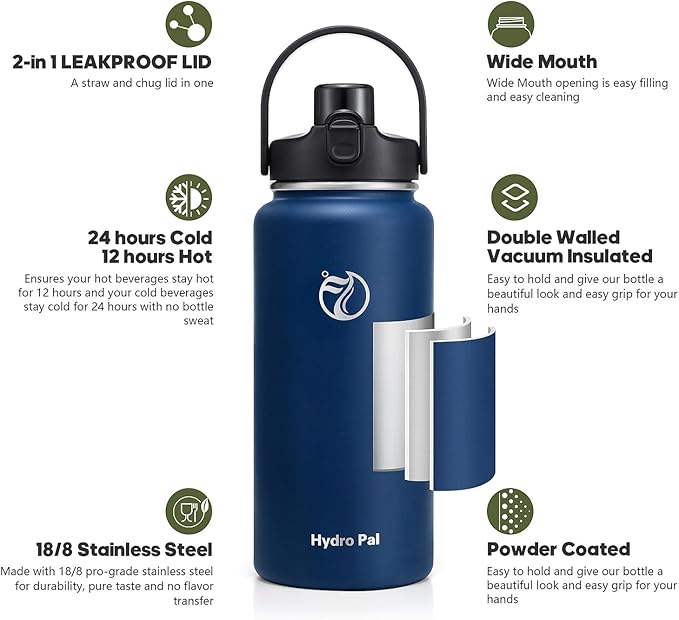 Half Gallon Insulated Water Bottle with 2-in-1 Lid (Chug Lid/Straw Lid), 40/64oz Double Walled Vacuum Stainless Steel Water Bottles, Water Jug with Straw