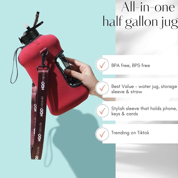 H2O Capsule 2.2L Half Gallon Water Bottle with Storage Sleeve and Covered Straw Lid – BPA Free Large Reusable Drink Container with Handle - Big Sports Jug, 2.2 Liter (74 Ounce)