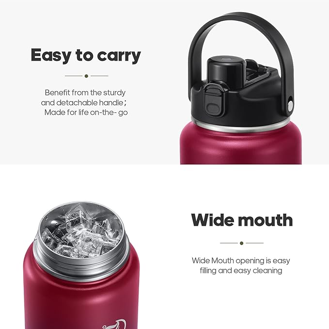 Half Gallon Insulated Water Bottle with 2-in-1 Lid (Chug Lid/Straw Lid), 40/64oz Double Walled Vacuum Stainless Steel Water Bottles, Water Jug with Straw