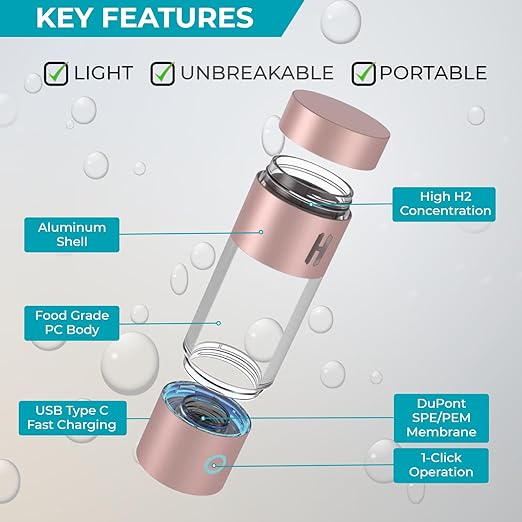 H2-Pro Hydrogen Water Bottle Generator with Latest SPE-PEM Technology (Rose Gold)