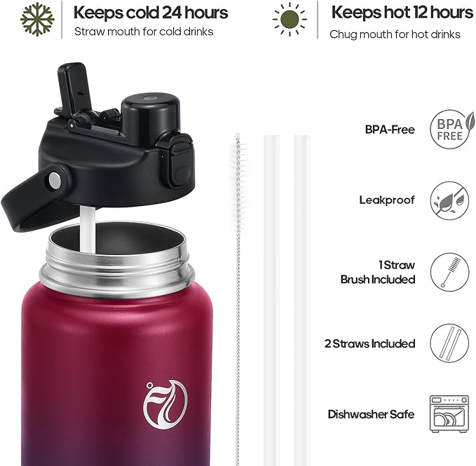 Half Gallon Insulated Water Bottle with 2-in-1 Lid (Chug Lid/Straw Lid), 40/64oz Double Walled Vacuum Stainless Steel Water Bottles, Water Jug with Straw