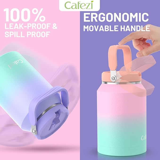 Half Gallon Water Jug 64oz, Stainless Steel Water Bottles with Flip Straw and Top Handle, Leak Proof, No Sweat, Iced for 34 Hours, Vacuum Insulated Cup for Home, Office, Outdoors, Car