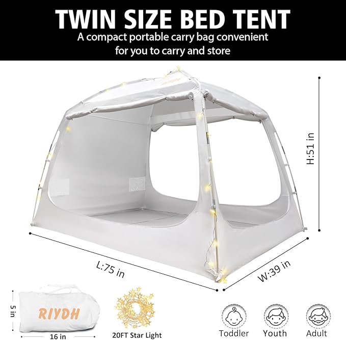 Bed Tent Bed Canopy Twin Size for Adult and Kids - Portable Sleeping Tents Indoor Dream Tents 70% Blackout with String Light 3 Doors Breathable Privacy Space Tents