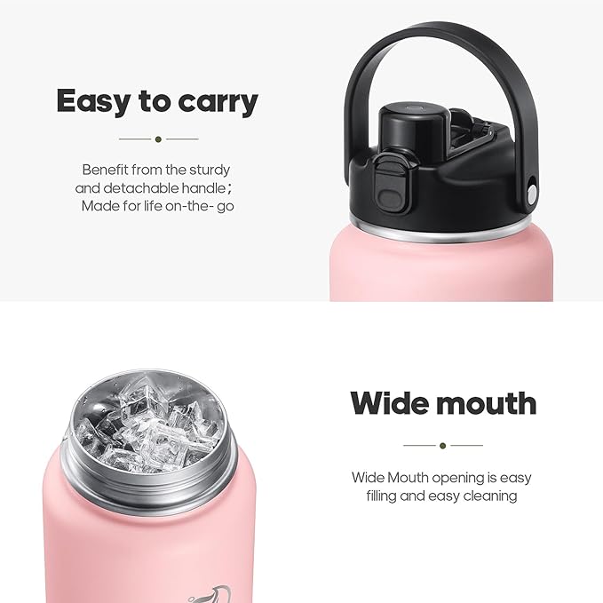 Half Gallon Insulated Water Bottle with 2-in-1 Lid (Chug Lid/Straw Lid), 40/64oz Double Walled Vacuum Stainless Steel Water Bottles, Water Jug with Straw