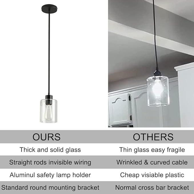 Black Pendant Lights Kitchen Island,Modern Farmhouse Glass Pendant Light,Light Fixture Kitchen Pendant Mini Hanging Light Fixture for Sink (1 Pack Black stem Rod)