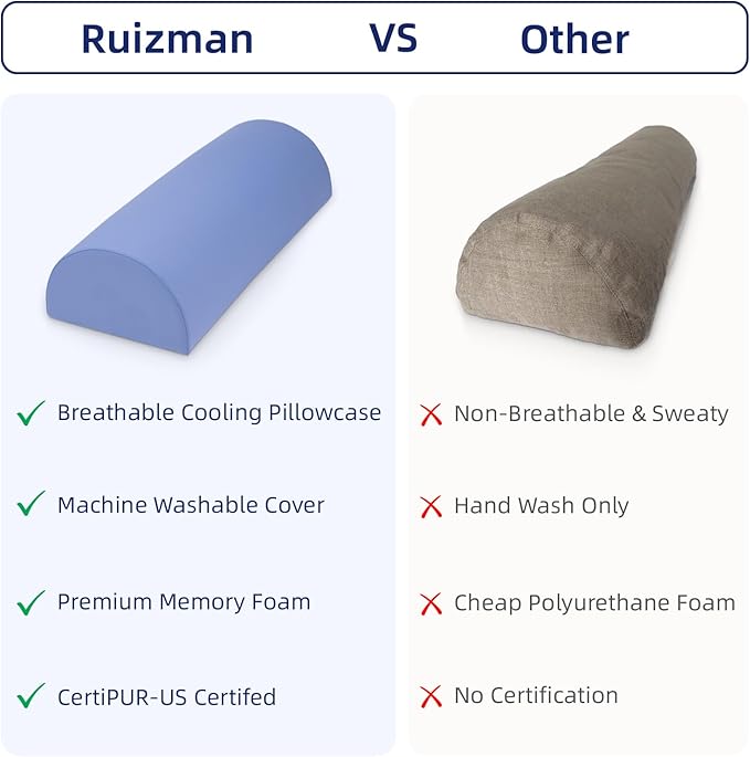 Half Moon Bolster Pillow - Memory Foam Bolster Pillow for Legs, Knee, Foot, and Neck - Leg Pillow for Back Sleeping - Knee Bolster for Sleeping with Cooling Pillowcase (Misty Blue)