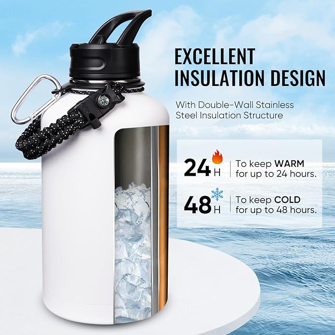Half Gallon Water Bottle with Straw&Spout Lid, 64oz Stainless Steel Insulated Water Jug with Handle and Wide Mouth, Half Gallon Vacuum Double Walled Jug for Sports, Outdoors, Leak-Proof. White 64oz