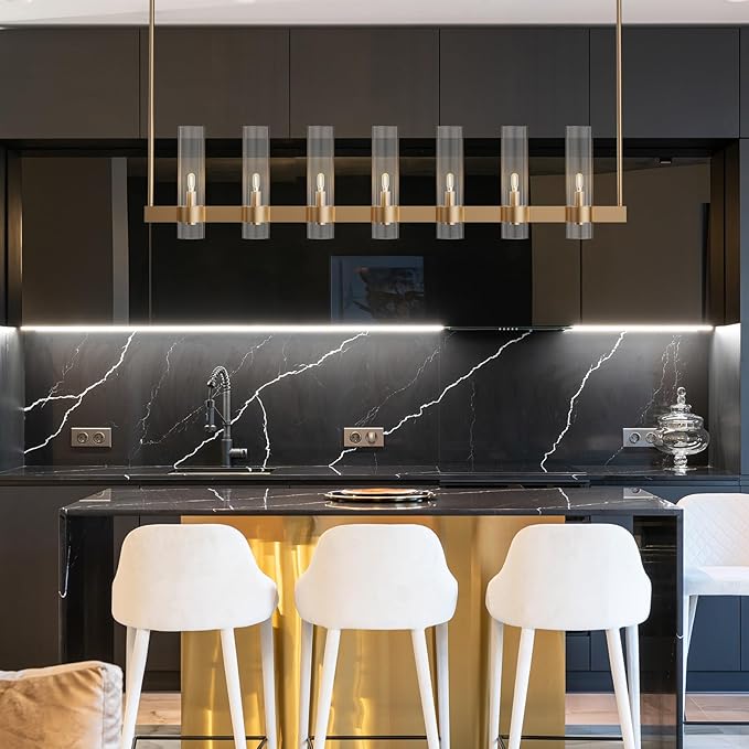 Brass Kitchen Island Lighting- 7-Light Linear Chandelier, Adjustable 47'' Modern Farmhouse Rectangle Pendant Light Fixtures, Dining Room, Bedroom