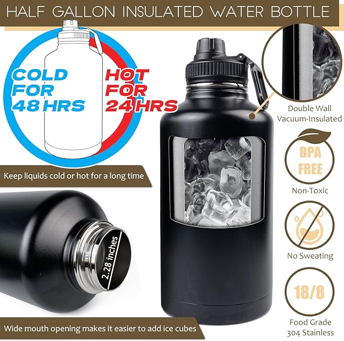 Half Gallon Water Bottle with Sleeve - 64 Oz Insulated Water Jug with Strap Stainless Steel Big Gym Water Bottles for Men Sports Workout Hiking Camo Black