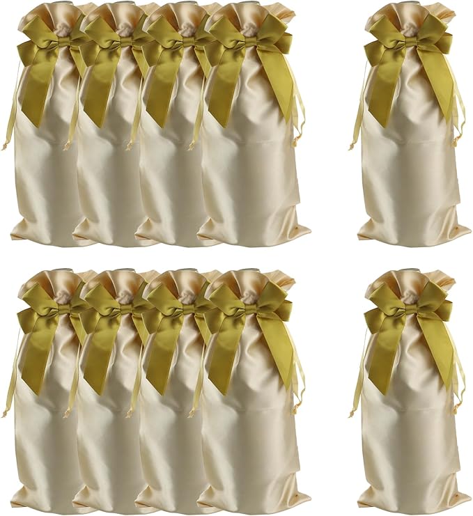 HEVSTIL 10Pcs Satin Wine Bags Wine Gift Bags with Decorative Bows,Wine Bottle Bags Reusable Wine Bottle Covers for Christmas, Wedding, Birthday, Travel, Holiday Party,Housewarming Gifts,Gold