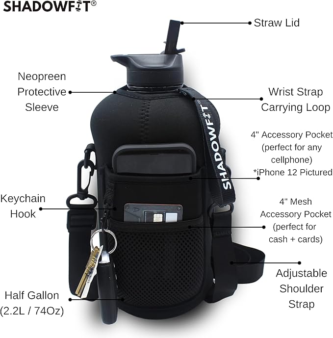 Half Gallon Water Bottles (74 ounce, 2.2 Liter) with Straw Lid Handle and Storage Sleeve - Large Jug Holder with Strap for Drinking during Workout and Exercise