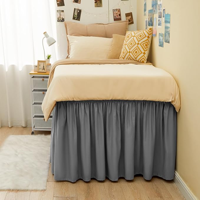 RIMELA Dorm Bed Skirt Twin XL 18 Inch Drop, Extra Long Wrap Around Elastic Bed Skirts Easy to Put On Twin Size Dust Ruffle, Gray Bedskirt for Adjustable Bed Base Solid Silky Fabric Machine Washable