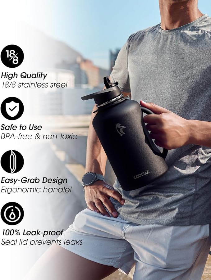 Half Gallon Water Bottle with Handle, Coolflask 64 oz Insulated Stainless Steel Water Jug Metal Double-Walled Vacuum Large Flask With Strap Straw Leakproof, Keep Cold 48 Hrs Hot 24hrs, Magic Black