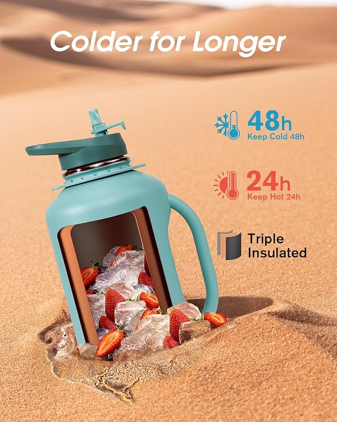 Half Gallon Water Bottle Insulated, Coolflask 64 oz Insulated Stainless Steel Water Jug Metal Double-Walled Vacuum Large Flask With Strap Straw Leakproof, Keep Cold 48 Hrs Hot 24hrs, Green