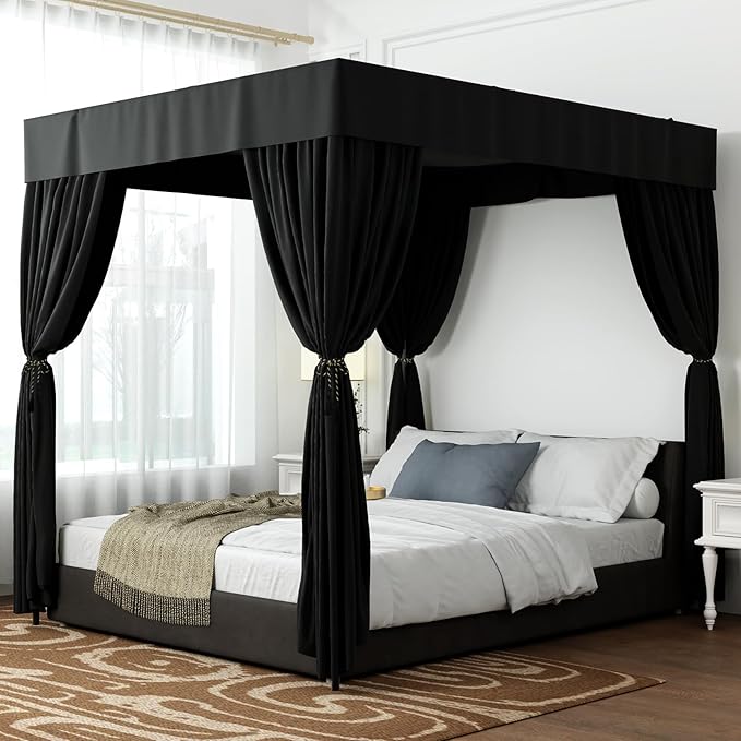 Hvqic Black Canopy Bed Curtains - 4 Corner Post Bed Curtains King Bed Curtains Lightproof Drapes Bed Canopy for Adults & Girls Bedroom Decoration (King,Black)