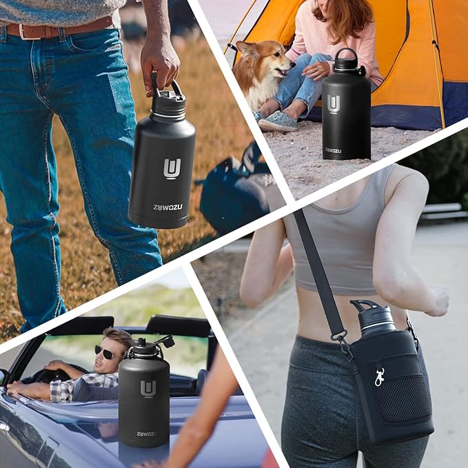 Half Gallon Water Bottle Insulated, 64oz Stainless Steel Water Bottle with Straw, Spout & Handle Lid, Half Gallon Water Jug with Carrier Bag w/Strap, Perfect for Hot&Cold Drinks (Black, 64oz)