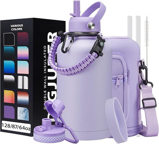 Half Gallon Water Bottle Insulated - 64 oz Water Bottle with Carrying Sleeve, Paracord Handle, Straw Spout Lid, Leak-proof Metal Hydro Jug for Workout Sport Hiking Gym, Purple Big Flask Thermo