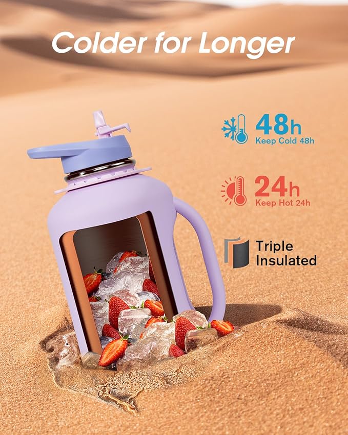Half Gallon Water Bottle with Straw, Coolflask 64 oz Insulated Stainless Steel Water Jug With Handle Metal Double-Walled Vacuum Large Flask With Strap Leakproof, Keep Cold 48 Hrs Hot 24hrs, Lavender