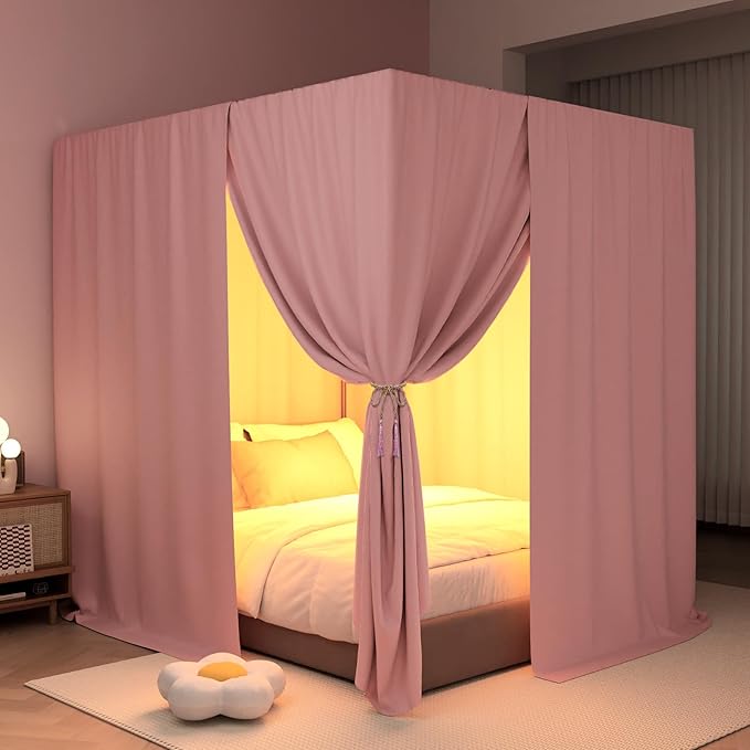 Pink Canopy Bed Curtains - 4 Corner Post Bed Curtains Queen Lightproof Drapes Bed Canopy Curtains with Tie Backs for Adults & Girls Bedroom Decoration(Pink,Queen)