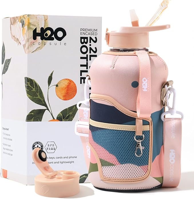 H2O Capsule 2.2L Half Gallon Water Bottle with Storage Sleeve and Removable Straw – BPA Free Large Reusable Drink Container with Handle - Big Sports Jug, 2.2 Liter (74 Ounce), Mountain Night