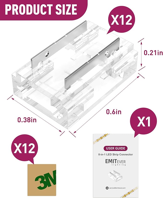 EMITEVER 8-in-1 LED Strip Connectors 12pcs, 2 Pin 8mm COB Tape Lights Terminal Connectors 8 Types Solderless Transparent Connection for 5V 12V 24V(Straight, Corner, Strip to Strip, Strip to Wire)