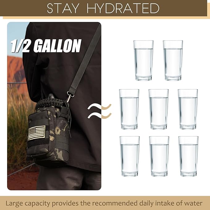 Half Gallon Water Bottle with Sleeve - 64 Oz Insulated Water Jug with Strap Stainless Steel Big Gym Water Bottles for Men Sports Workout Hiking Camo Black