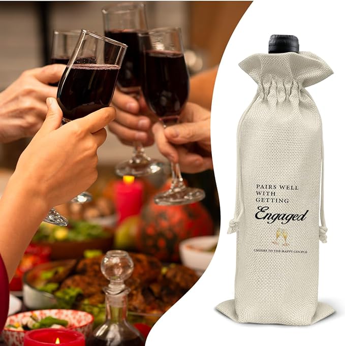 HOIJAUMAI Engagement Gift for New Couples, Engagement Wine Bag Wedding Gift for Mr and Mrs, Pairs Well with Getting Engaged Burlap Drawstring Wine Bag Champagne Wine Gift Bag
