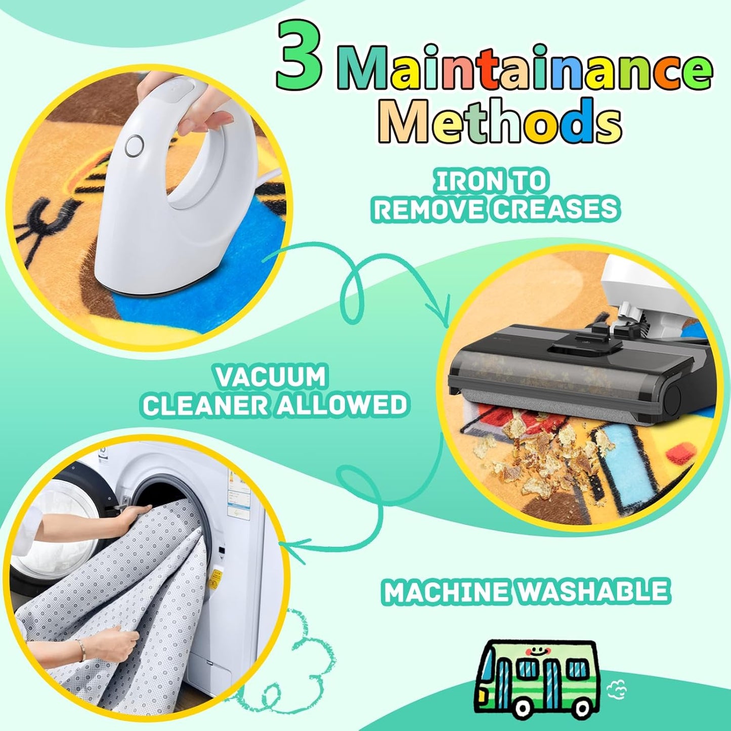 Kids 5x7 Ft Construction Site Play Rug, Baby Play Mat, Tufted Wool & Rubber, Non-Slip, Stain & Fade Resistant, Machine Washable, Rustic Cartoon Construction Site Pattern