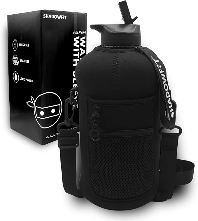 Half Gallon Water Bottles (74 ounce, 2.2 Liter) with Straw Lid Handle and Storage Sleeve - Large Jug Holder with Strap for Drinking during Workout and Exercise