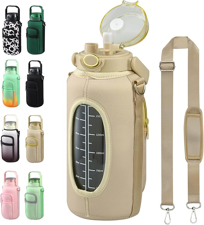 Half Gallon 64oz Glass Water Bottle with Straw and Storage Sleeve Motivational Water Bottle with Strap and Time to Drink 2L Leakproof Reusable Water Jug for Fitness Gym and Outdoors