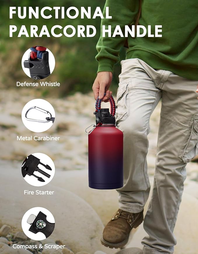Half-gallon Insulated Water Bottle 64 oz - with Straw & Auto Spout Lid, Strap Carrier Pouch, Paracord Handle, Metal 1/2 Gallon Water Bottles Thermal Flask, Wide Mouth Hydro Jug for Hiking Camping